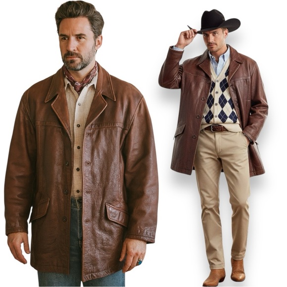 M. Julian Wilsons Mens Brown Leather Coat Quilted Jacket Western Hunter Cowboy L